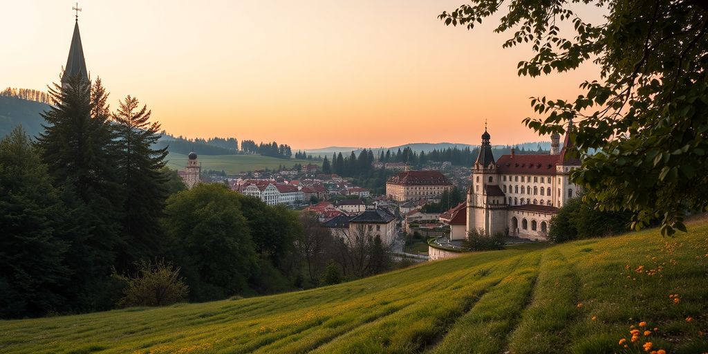 Malebná evropská krajina s historickými budovami